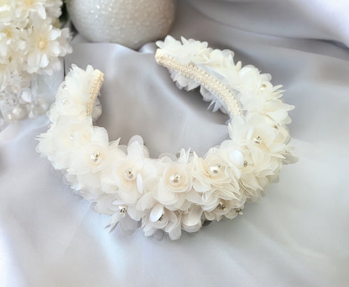 Ivory Flower Silk Headband Padded,With Pearls and Diamante Flower Crown,  Duchess Satin, 6 cms wide , Bridal Headpiece