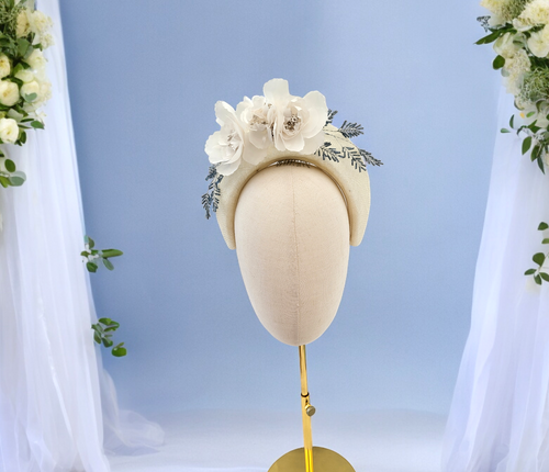 Ivory Halo Fascinator Headband, with Silk Organza flower Vine and Blue Beads,