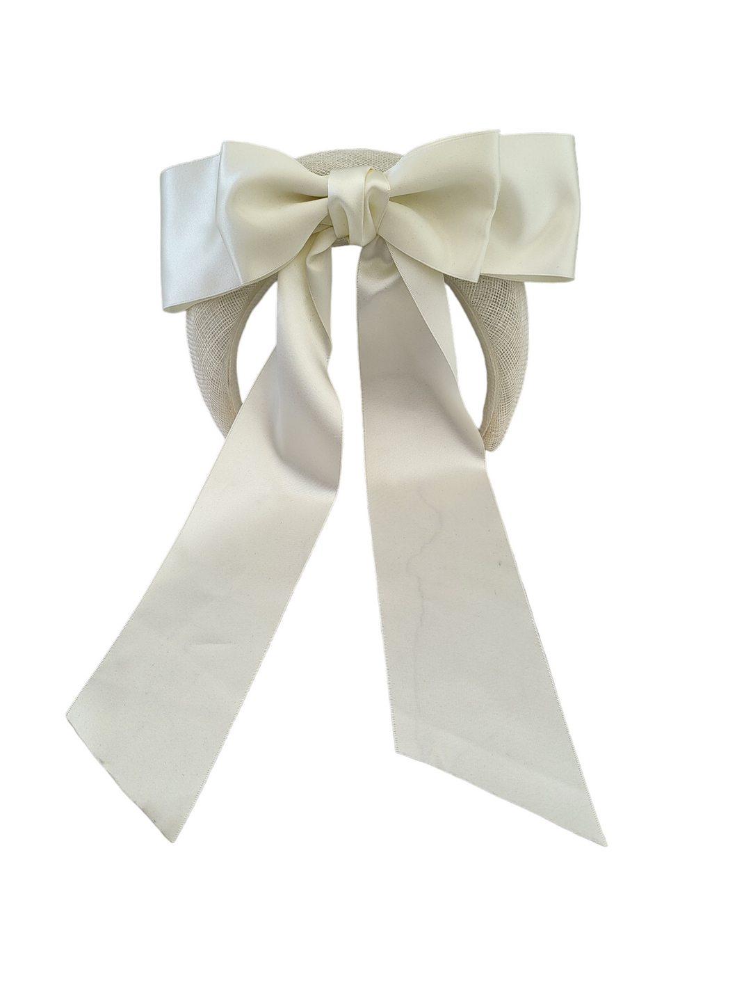 Ivory Satin Bow Headband Fascinator, on a Sinamay Halo Base, with tails