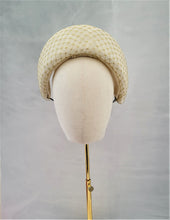 Load image into Gallery viewer, Ivory Halo Crown Fascinator Headband,with Gold Glitter Veiling 10 cms wide