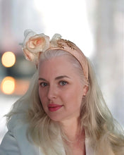 Load image into Gallery viewer, Pink Flower Fascinator Headband, with Silk Rose flowers and Gold Beads