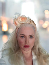 Load image into Gallery viewer, Pink Flower Fascinator Headband, with Silk Rose flowers and Gold Beads