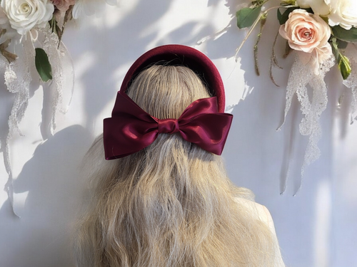 Wine Burgundy  Headband Fascinator with Separate Large Satin Back Bow, 7cms wide headband