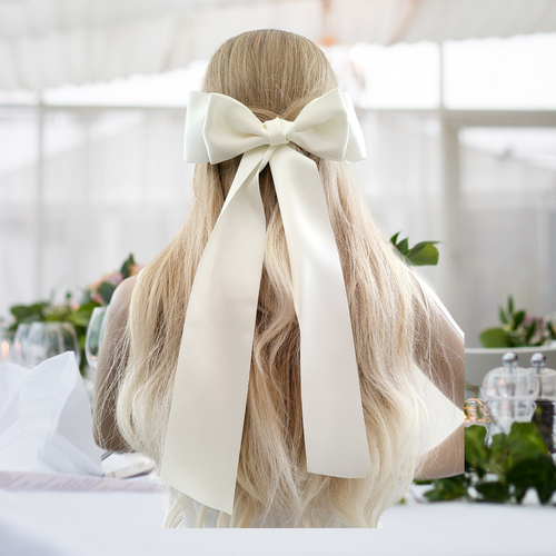 Large Satin Bow Hair Clip, Double Bow with tails