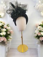 Load image into Gallery viewer, Black Silk Satin Fascinator, Flower Headpiece, Halo Headband, leather orchids,