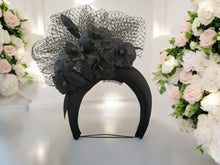 Load image into Gallery viewer, Black Silk Satin Fascinator, Flower Headpiece, Halo Headband, leather orchids,