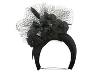 Load image into Gallery viewer, Black Silk Satin Fascinator, Flower Headpiece, Halo Headband, leather orchids,