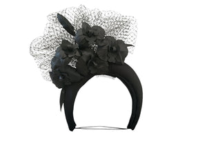 Black Silk Satin Fascinator, Flower Headpiece, Halo Headband, leather orchids,