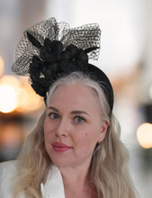 Load image into Gallery viewer, Black Silk Satin Fascinator, Flower Headpiece, Halo Headband, leather orchids,