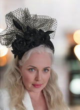 Load image into Gallery viewer, Black Silk Satin Fascinator, Flower Headpiece, Halo Headband, leather orchids,