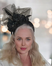 Load image into Gallery viewer, Black Silk Satin Fascinator, Flower Headpiece, Halo Headband, leather orchids,