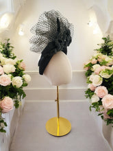 Load image into Gallery viewer, Black Silk Satin Fascinator, Flower Headpiece, Halo Headband, leather orchids,