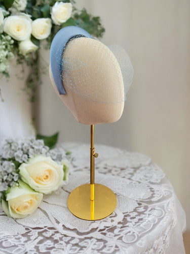 Blue Silk Satin Headband Padded Fascinator and Blusher Nose Length Veil