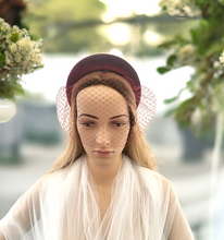 Load image into Gallery viewer, Burgundy Wine Red Velvet headband, Fascinator, with blusher nose length veil