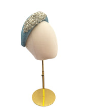 Load image into Gallery viewer, Blue Silver Lurex Fascinator Headband, Diamante Embellishments