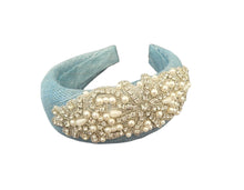 Load image into Gallery viewer, Blue Silver Lurex Fascinator Headband, Diamante Embellishments