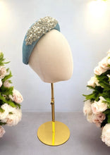 Load image into Gallery viewer, Blue Silver Lurex Fascinator Headband, Diamante Embellishments