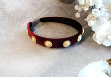 Load image into Gallery viewer, Wine Red Velvet Embellished Headband, with Diamante Rhinestones and Faux Pearls