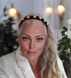 Wine Red Velvet Embellished Headband, with Diamante Rhinestones and Faux Pearls