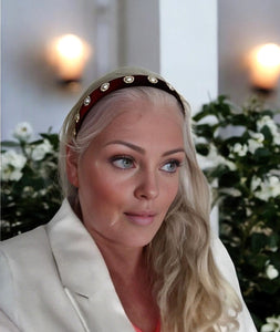 Wine Red Velvet Embellished Headband, with Diamante Rhinestones and Faux Pearls