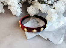 Load image into Gallery viewer, Wine Red Velvet Embellished Headband, with Diamante Rhinestones and Faux Pearls