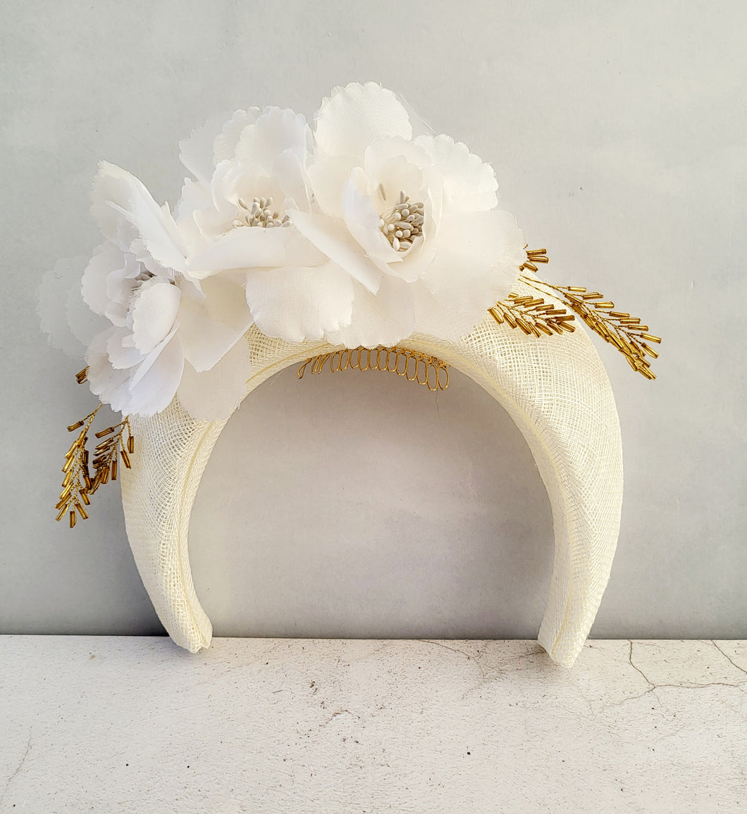 Ivory Halo Fascinator Headband, with Silk Organza flower Vine and Gold Beads