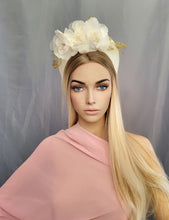 Load image into Gallery viewer, Ivory Halo Fascinator Headband, with Silk Organza flower Vine and Gold Beads