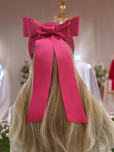 Load image into Gallery viewer, Pink Satin Bow Headband Fascinator, on a Sinamay Halo Base, with tails