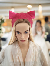 Load image into Gallery viewer, Pink Satin Bow Headband Fascinator, on a Sinamay Halo Base, with tails