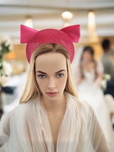 Pink Satin Bow Headband Fascinator, on a Sinamay Halo Base, with tails