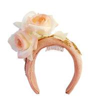 Load image into Gallery viewer, Pink Flower Fascinator Headband, with Silk Rose flowers and Gold Beads