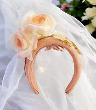 Load image into Gallery viewer, Pink Flower Fascinator Headband, with Silk Rose flowers and Gold Beads