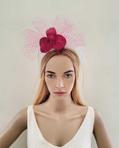 Pink Leather Orchid Fascinator on Ivory Headband with Veiling