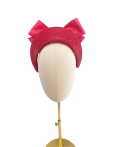 Bright Pink Satin Back Bow Headband Fascinator, on a Sinamay Halo Base,