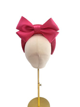 Load image into Gallery viewer, Bright Pink Satin Back Bow Headband Fascinator, on a Sinamay Halo Base,