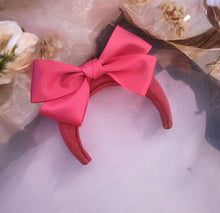 Load image into Gallery viewer, Bright Pink Satin Back Bow Headband Fascinator, on a Sinamay Halo Base,
