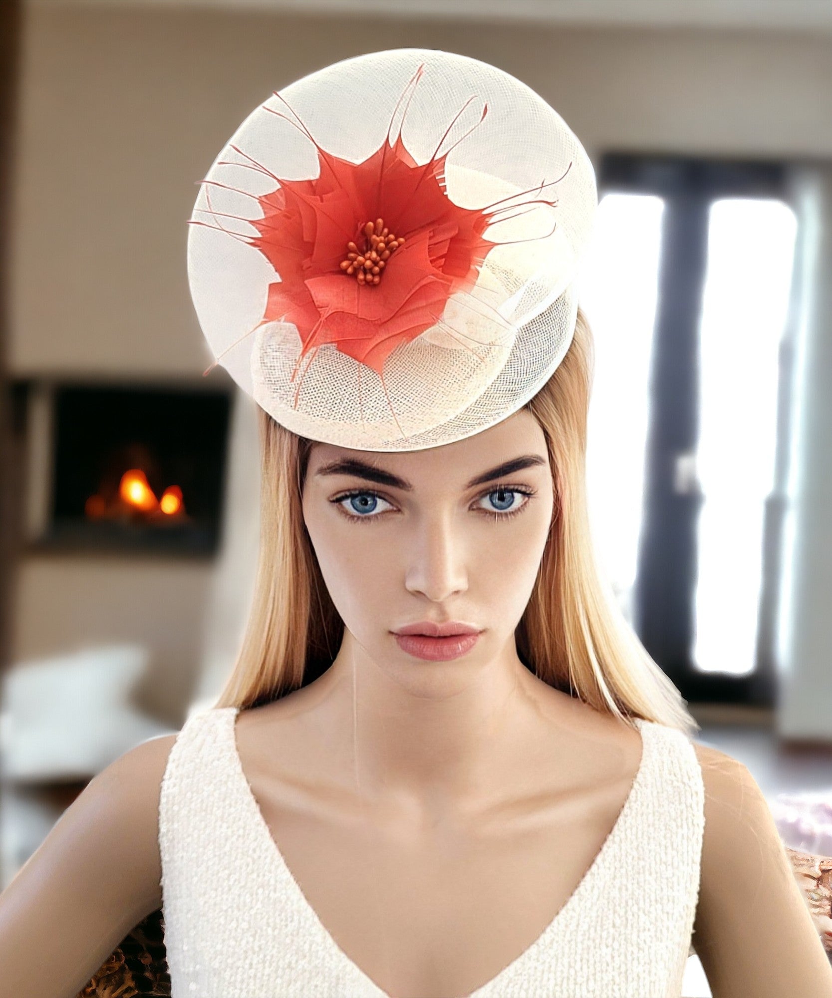 Ivory Swirl Fascinator Hat Percher style with Burnt orange