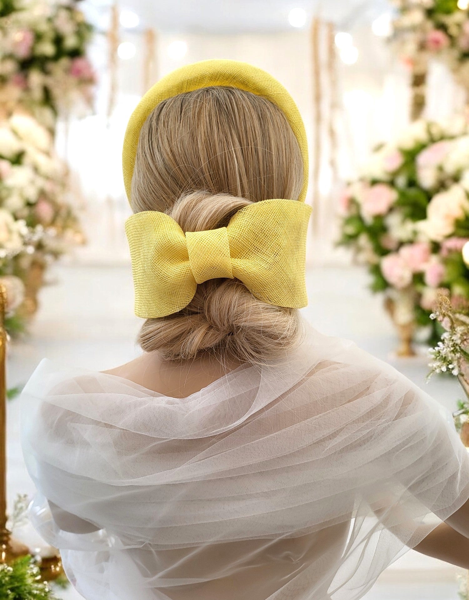 Big bow headband,art nouveau- store yellow bow- organza fascinator-gift for her