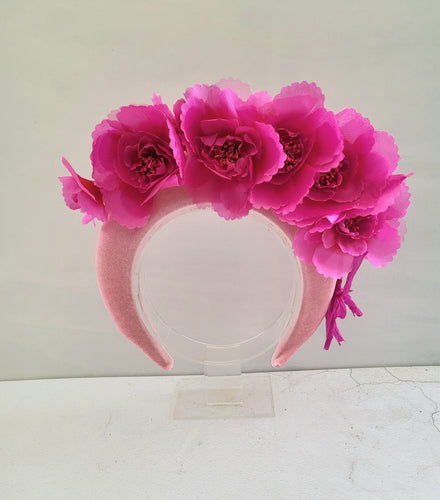 Magenta Pink Flower Headpiece Fascinator, Velvet high padded headband, mother of the bride, halo, crown, Ascot hat