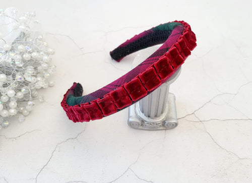 Tartan Plaid Padded headband, Red Velvet Pleated Ribbon Design Fascinator