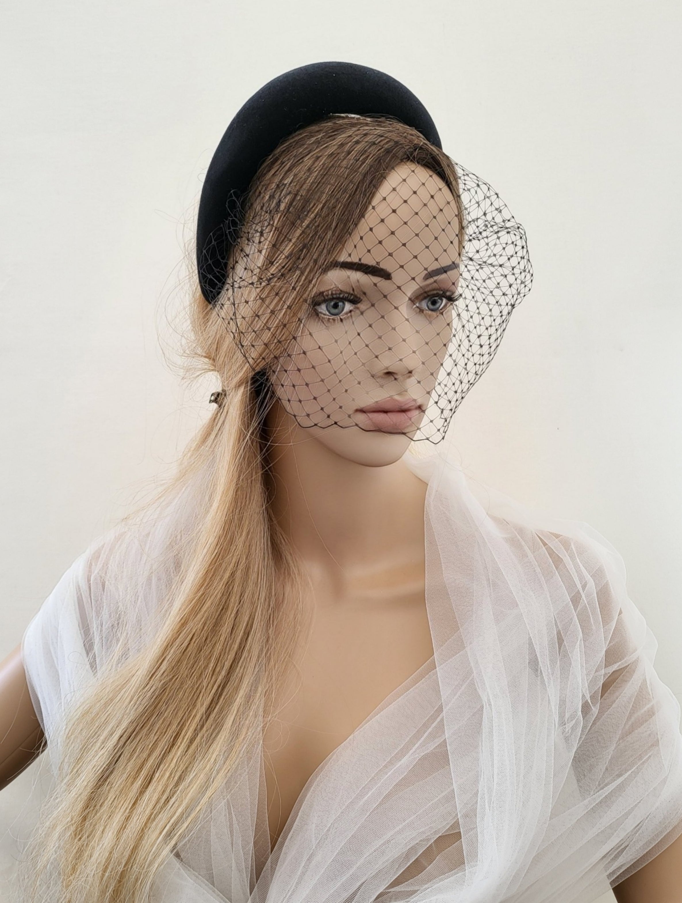 Made to fashion order velvet halo headband with black birdcage veil