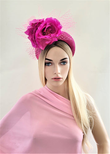 Pink Flower Fascinator Headband, on Sinamay Halo, Lightweight, Races Headpiece,