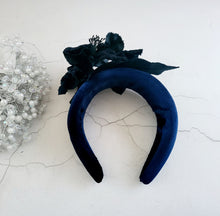 Load image into Gallery viewer, Blue Velvet Halo Crown Headband, lightweight Vintage Flower Fascinator, 8 cms Wide