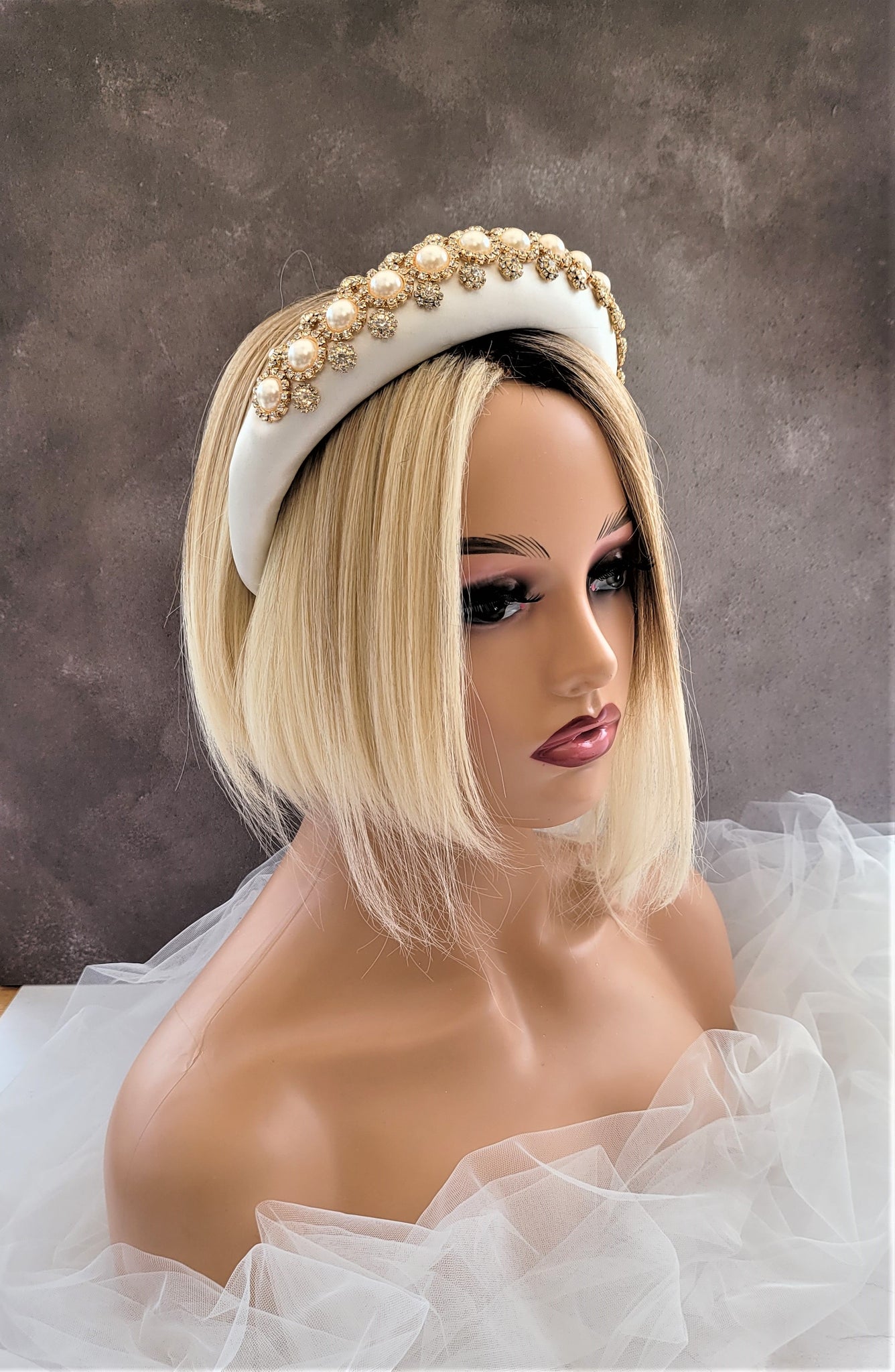 Bridal Ivory Silk Padded Headband, With Birdcage Chin Length Veil,  Detachable Veil, Fascinator, Duchess Satin Silk 